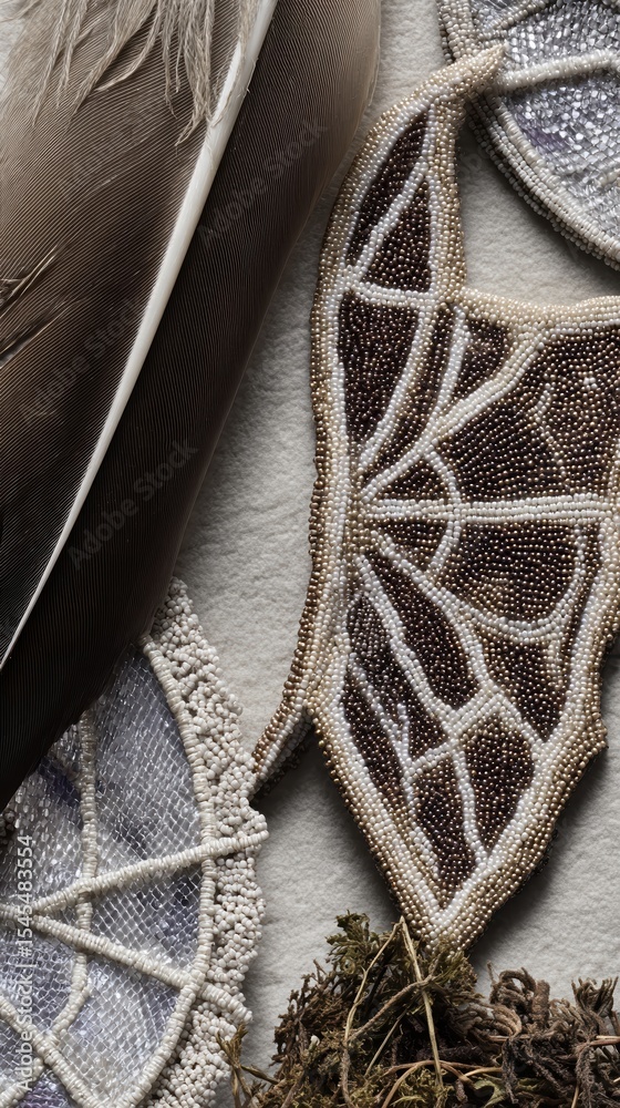 Poster intricate beadwork with natural fibers and feathers displayed on a neutral surface
