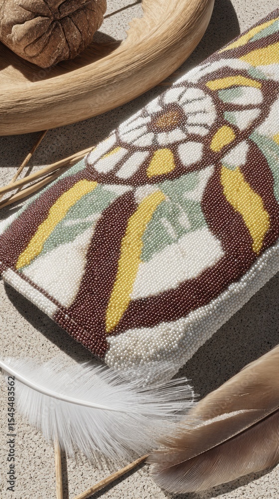 Poster intricate beadwork design featuring natural fibers and feathers on a neutral surface