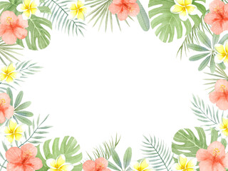 水彩で描いたハイビスカスとプルメリアのフレーム