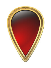 Realistic vector Rus shield Inverted teardrop shape with golden riveted border, luminous red center glass effect. White highlight on crimson-to-scarlet gradient Slavic warrior aesthetic Transparent BG