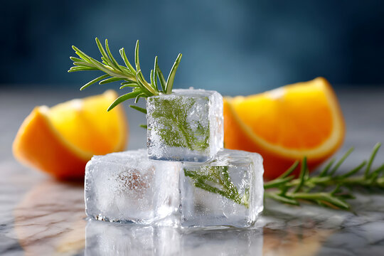 Still life of ice cubes with rosemary sprigs and orange slices on a reflective surface in soft lighting