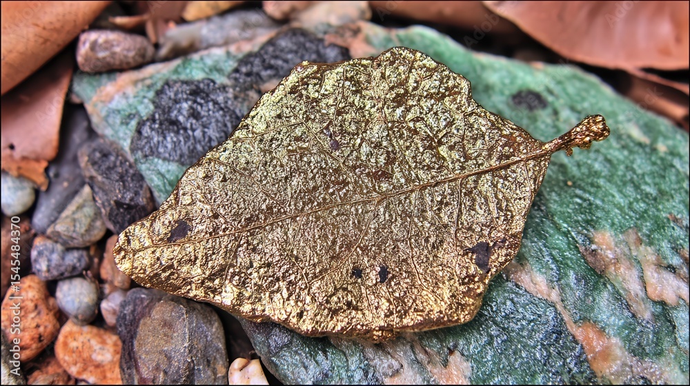 Aufkleber unique golden leaf resting on vibrant stone surface in a natural setting