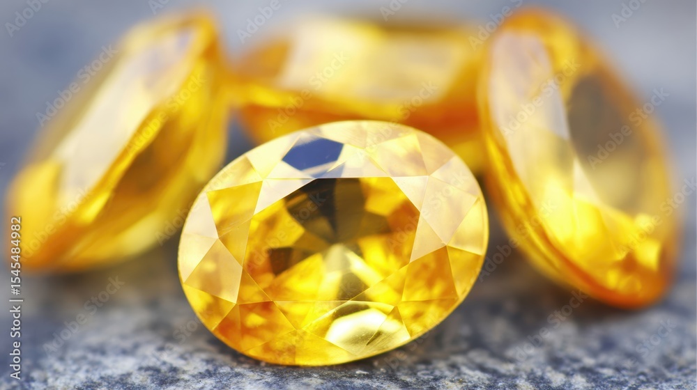 Poster sparkling yellow sapphire stones displayed on a textured surface in natural light setting