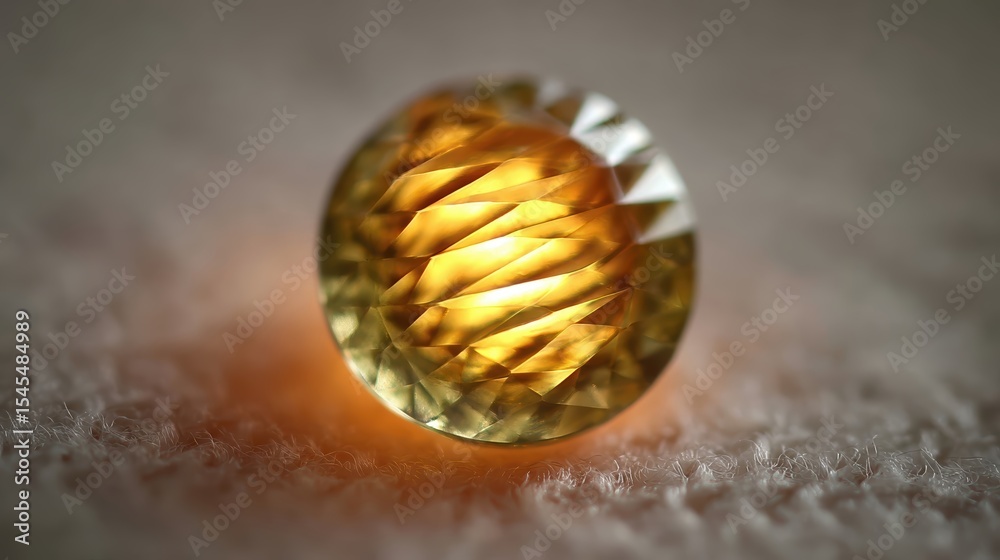 Poster beautiful yellow sapphire stone with intricate cut and depth illuminated on soft surface