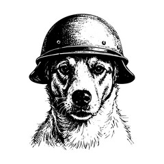 dog wear retro military helmet sketch engraving black and white outline. Scratch board imitation.