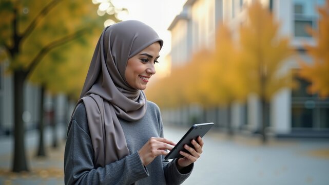 Young Arab woman wearing hijab using digital tablet outdoors
- Powered by Adobe