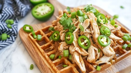 Waffle fries topped with shredded chicken, green onions, and jalapeños 
