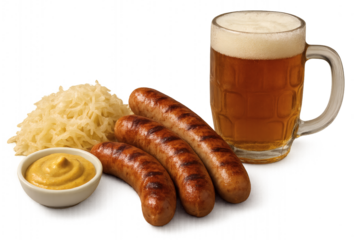 Grilled sausages with sauerkraut, mustard and beer, traditional German food isolated on transparent background