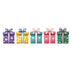 Five Colorful Gift Boxes with Heart Accents and Ribbon Bows