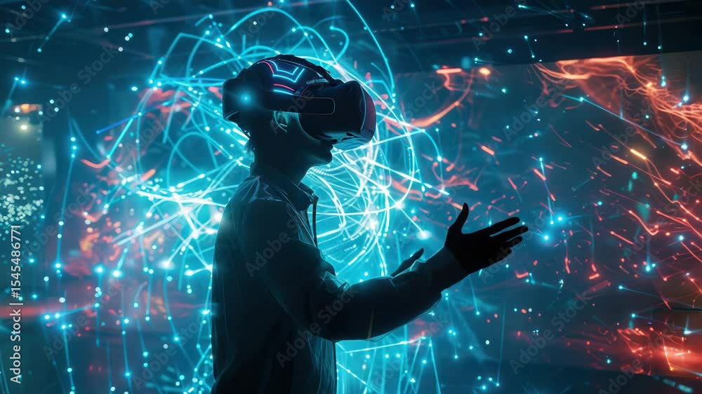 Poster Engaging experience with virtual reality in a futuristic environment filled with dynamic light patterns and digital visuals