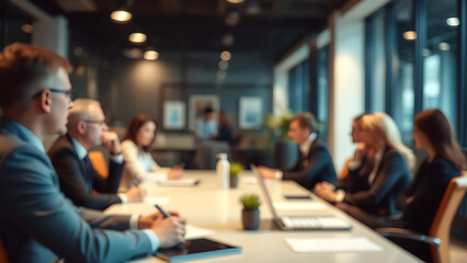 Blur office meeting blurred background with business people working group in boardroom discussion fo