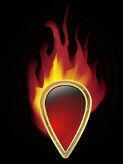 Burning Slavic shield Realistic vector teardrop with gold rivets, glowing red core Dramatic fiery backdrop into black bg Flames lick edges Mythical warrior emblem. Perfect for fantasy book covers