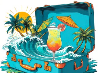 Travel and trips, tourism, blue open suitcase, from which sea waves are splashing, with an exotic cocktail, palm trees and sun, summer vacation