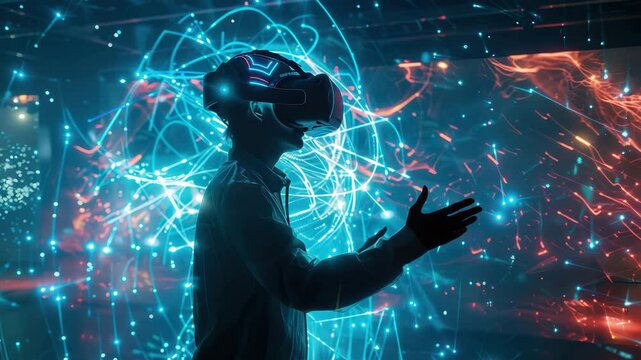 Engaging experience with virtual reality in a futuristic environment filled with dynamic light patterns and digital visuals