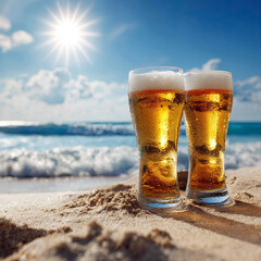 Two Glasses of Refreshing Beer on Sandy Beach with Sea Waves Under Summer Sun