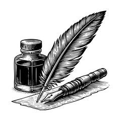 quill pen and scroll next to an inkwell sketch engraving black and white outline. Scratch board imitation.  illustrated in vintage line art style on a white background.