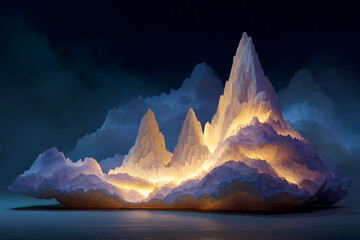 An illustration of a mountain range with glowing light emanating from the peaks against a dark blue sky