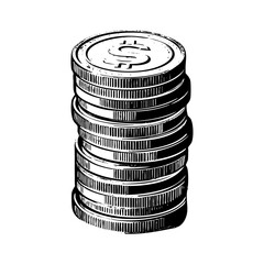 Coin stack sketch engraving black and white outline. Scratch board imitation.  illustrated in vintage line art style on a white background.