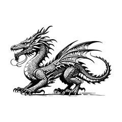 Dragon engraving black and white outline. Scratch board imitation.  illustrated in vintage line art style on a white background.