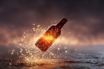 A floating bottle with glowing orange liquid and sparkles against a blurred background of dark colors