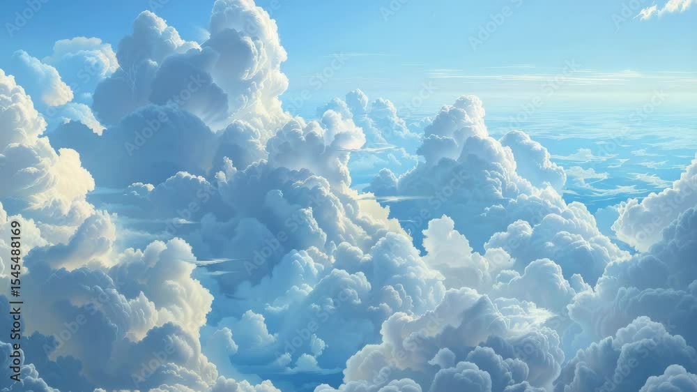 Poster Beautiful fluffy clouds in a clear blue sky over a serene ocean, creating a tranquil atmosphere and perfect for relaxation