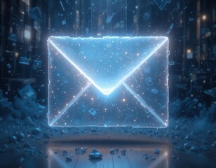 Cybersecurity awareness best practice concepts. A glowing, digital envelope icon surrounded by floating data particles in a futuristic, dark environment symbolizing electronic communication and email 