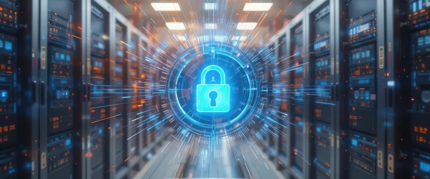 Cybersecurity awareness best practice concepts. A futuristic data center with server racks and a digital lock icon symbolizing cybersecurity and data protection.