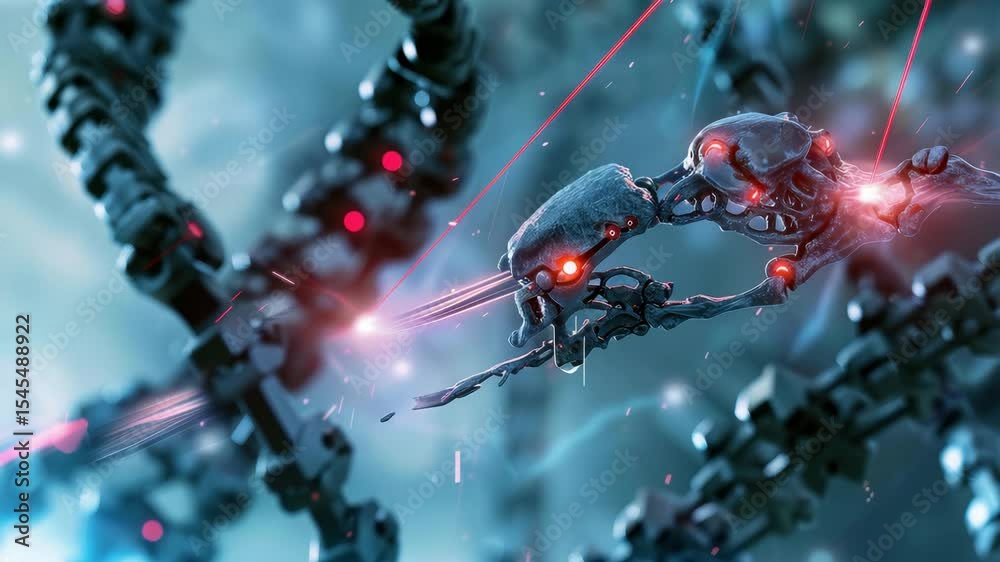 Poster Exploration of futuristic robotic structures with glowing details and intricate designs in 4K resolution