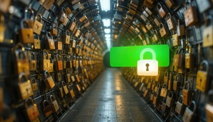 Cybersecurity awareness best practice concepts. A tunnel lined with numerous padlocks on both sides symbolizes security, privacy, and data protection, highlighted by a bright green lock icon.