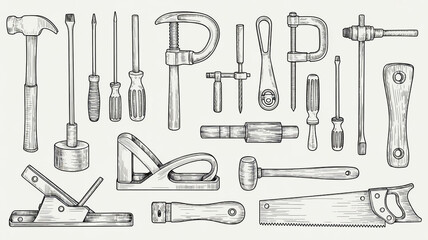 A detailed black and white sketch of woodworking tools arranged in a scattered pattern on a light background
