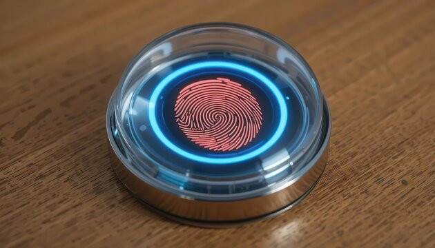 Cybersecurity awareness best practice concepts. A futuristic biometric fingerprint scanner with a glowing blue ring on a wooden surface.