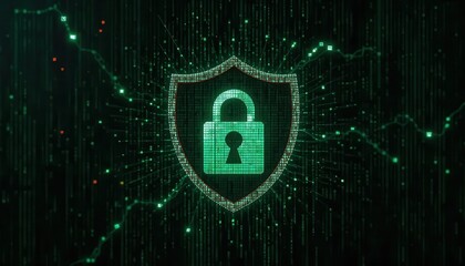 Naklejka premium Cybersecurity awareness best practice concepts. A digital shield with a padlock symbol represents cybersecurity, data protection, and online security in a futuristic, matrix-style green code 