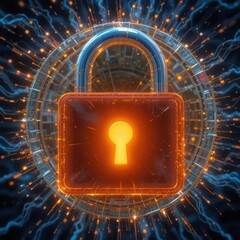 Cybersecurity awareness best practice concepts. A glowing digital padlock surrounded by circuitry represents cybersecurity and data protection in a high-tech environment.