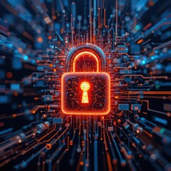 Cybersecurity awareness best practice concepts. A glowing digital padlock symbolizes cybersecurity, data protection, and encrypted networks within a complex circuit board environment.