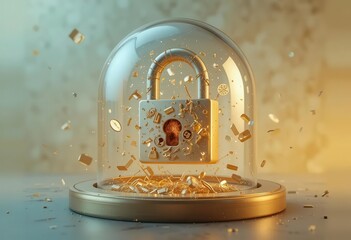 Cybersecurity awareness best practice concepts. A golden padlock is suspended inside a transparent glass dome, surrounded by floating golden fragments on a smooth reflective surface.