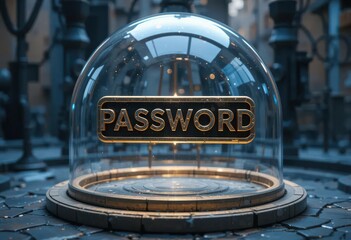 Cybersecurity awareness best practice concepts. A digital "PASSWORD" sign protected under a futuristic glass dome on a cobblestone surface with an industrial, high-tech backdrop.