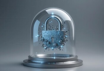 Cybersecurity awareness best practice concepts. A metallic padlock labeled "PASSWORD" is encased in a glass dome, symbolizing secure password protection and enhanced cybersecurity.