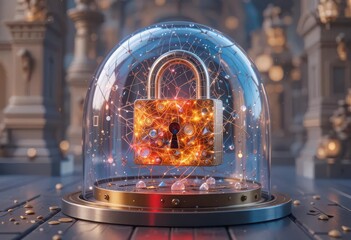 Cybersecurity awareness best practice concepts. A glowing padlock enclosed under a glass dome, surrounded by digital network connections, symbolizing cybersecurity and data protection.
