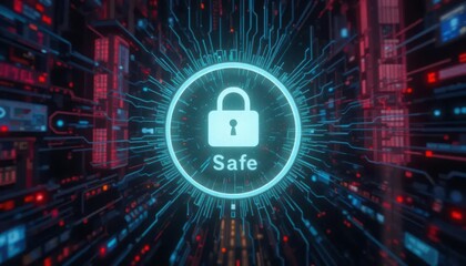 Cybersecurity awareness best practice concepts. A glowing digital lock icon labeled "Safe" symbolizes cybersecurity and data protection in a futuristic, tech-driven environment.