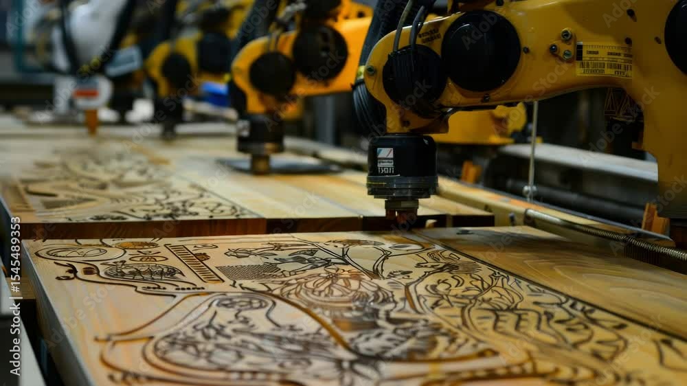 Poster advanced robotic arms engraving intricate designs on wooden surfaces in a high-tech workshop environ