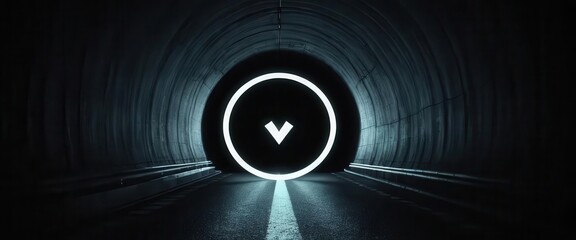 Cybersecurity awareness best practice concepts. A dark tunnel with a glowing circular portal featuring a downward arrow at the end, illuminated by bright white neon light.