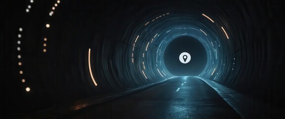 Cybersecurity awareness best practice concepts. A dark, circular tunnel illuminated by small lights, with a bright exit at the end showing a location pin symbol.