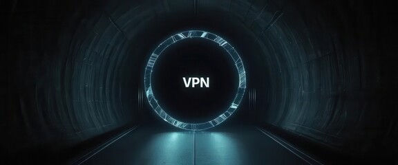 Cybersecurity awareness best practice concepts. A glowing circular portal with the letters "VPN" stands in a dark tunnel, symbolizing secure internet access and digital privacy.