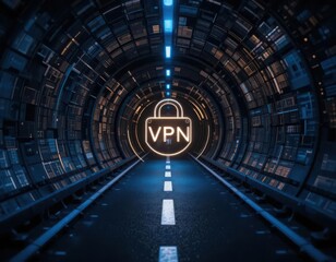 Cybersecurity awareness best practice concepts. A digital tunnel with glowing data panels surrounds a central padlock icon labeled "VPN," symbolizing secure and private internet connection.