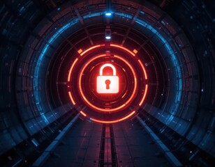 Cybersecurity awareness best practice concepts. A glowing padlock symbol is centered within a futuristic digital tunnel, representing cybersecurity and data protection.