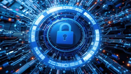 Cybersecurity awareness best practice concepts. A futuristic digital lock symbolizing cybersecurity, surrounded by glowing circuits and data streams in a high-tech environment.