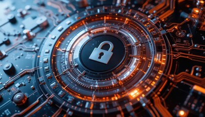 Cybersecurity awareness best practice concepts. A futuristic digital lock icon embedded in a complex circuit board, symbolizing cybersecurity and data protection.