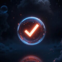 Cybersecurity awareness best practice concepts. A glowing orange checkmark inside a transparent spherical bubble with sparks against a dark, cloudy background.