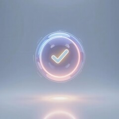 Cybersecurity awareness best practice concepts. A glowing circular icon with a checkmark inside, floating on a smooth, minimalist background with soft reflections and a futuristic design.