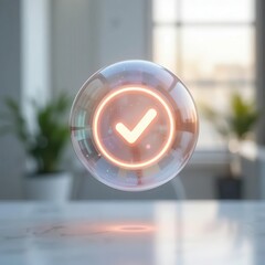 Cybersecurity awareness best practice concepts. A glowing checkmark icon inside a transparent, floating spherical bubble with a blurred indoor background.